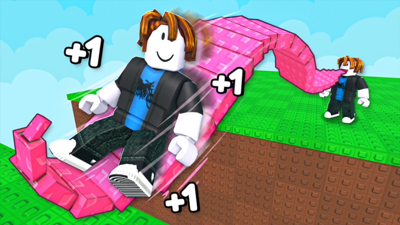 Roblox avatar sliding down a long pink tongue between grass platforms in +1 Tongue Escape