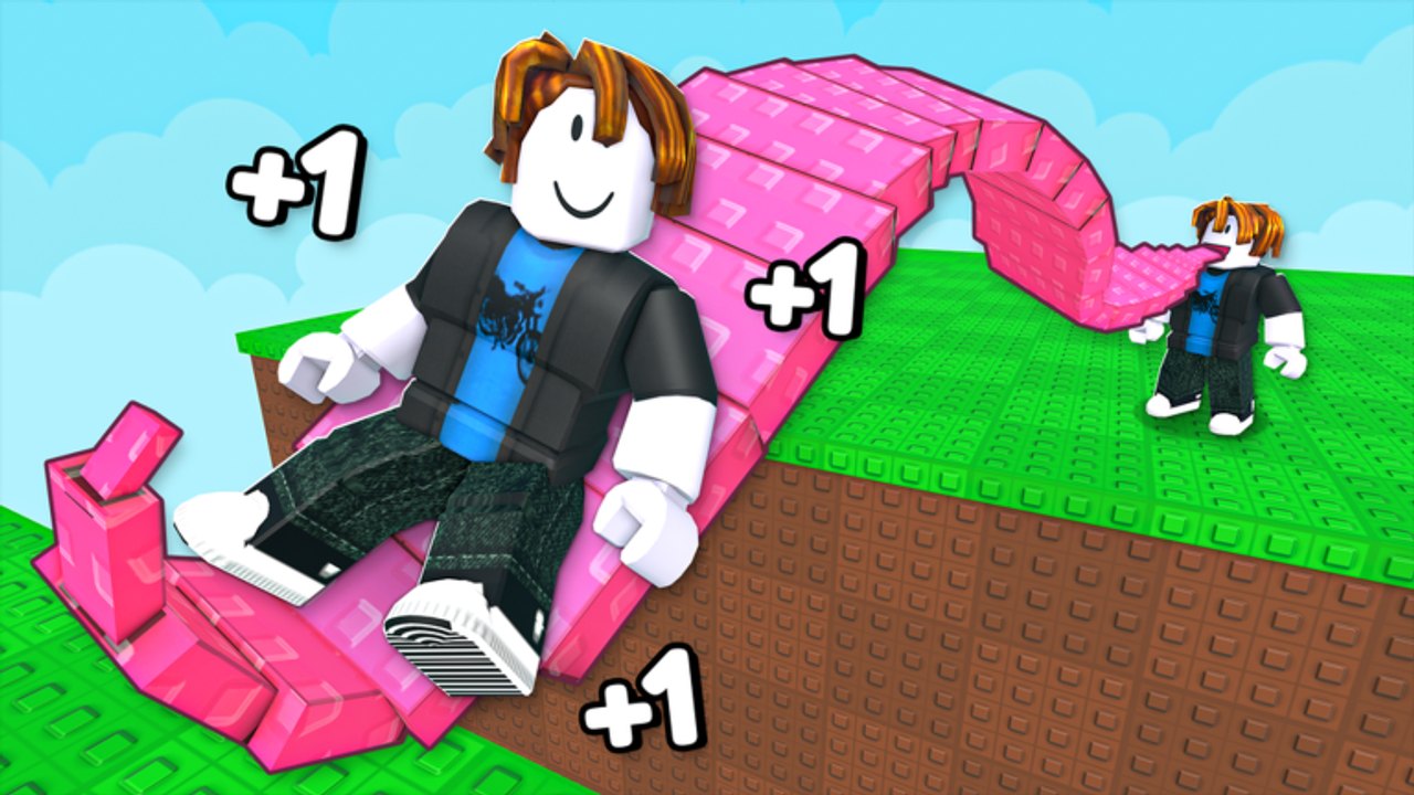 Two players using a pink tongue bridge to cross a gap in Roblox +1 Tongue Escape